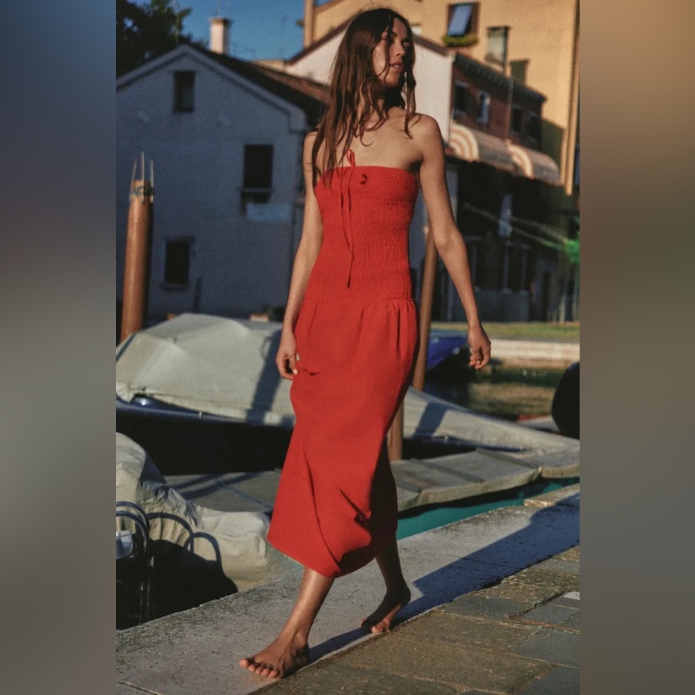 ZARA SMOCKED MIDI DRESS - Picture 3 of 16